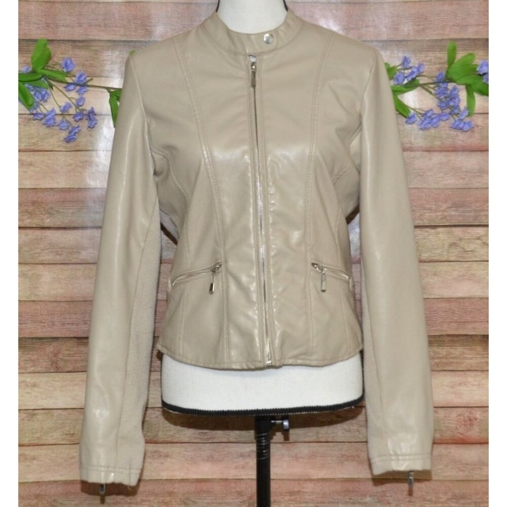 Therapy Faux Leather Moto Jacket Tan Stretch Panels Women’s Size S Zip Pockets
